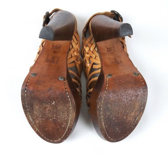 Frye Joy Huarache Platform Sandals Size 7.5 Braided Woven Leather Heels Brown - Picture 8 of 8